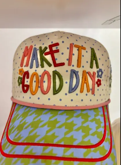 Make It A Good Day colourful cap with a patterned brim