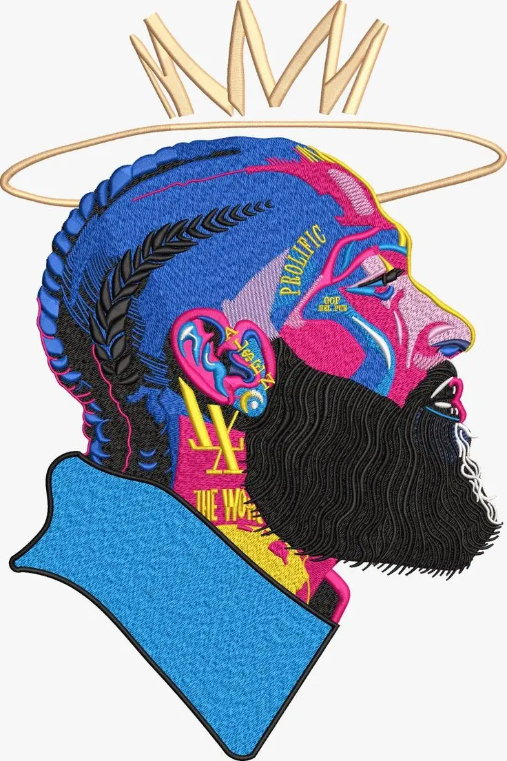 Embroidered portrait design with a crown, digitized by The Artisan