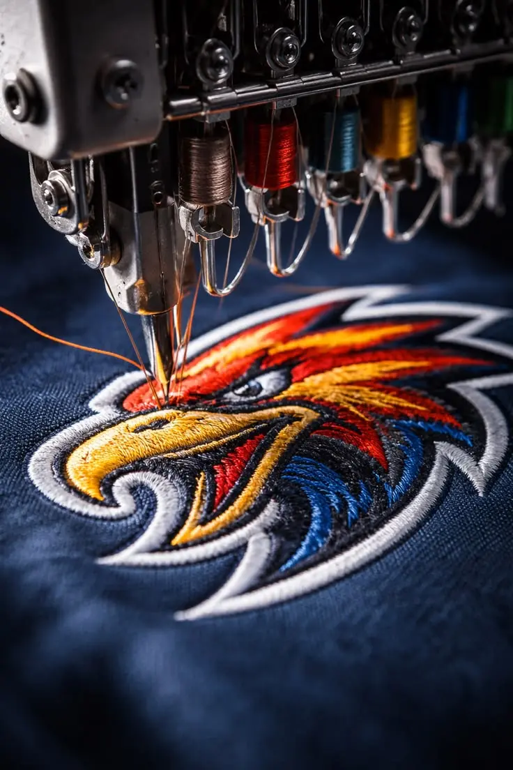 Embroidery machine head stitching an eagle logo