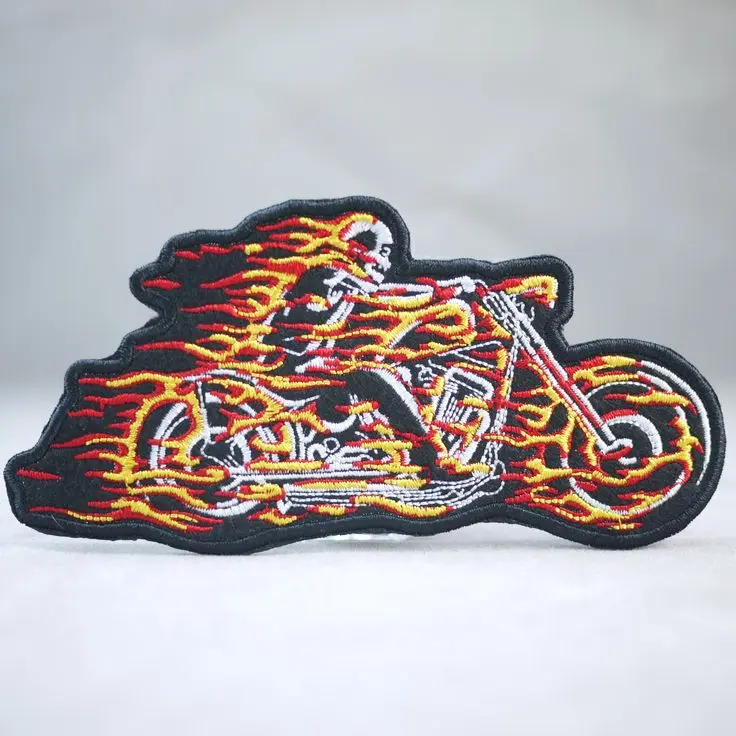 Flaming skeleton motorcycle rider embroidered patch