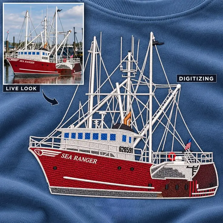 Fishing boat embroidered from a photo, shown next to the original