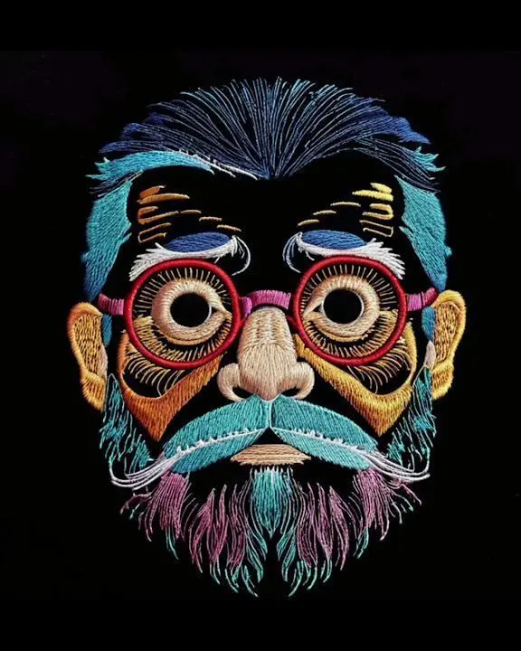Colourful embroidered bearded face with glasses