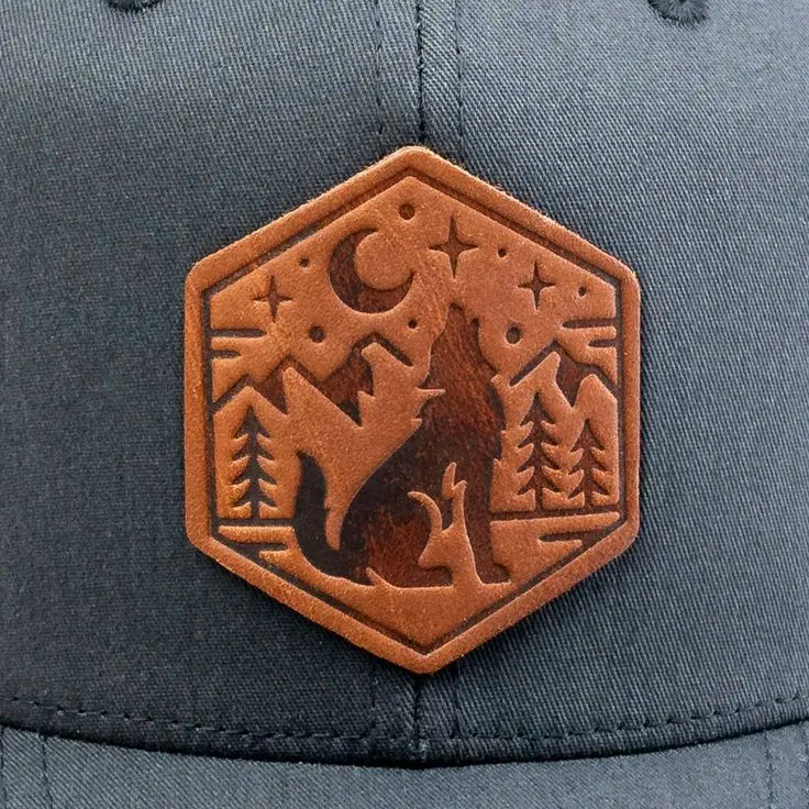 Leather patch sample on a grey cap