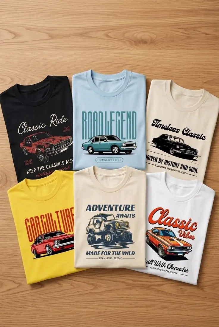 Four printed tees with classic car designs